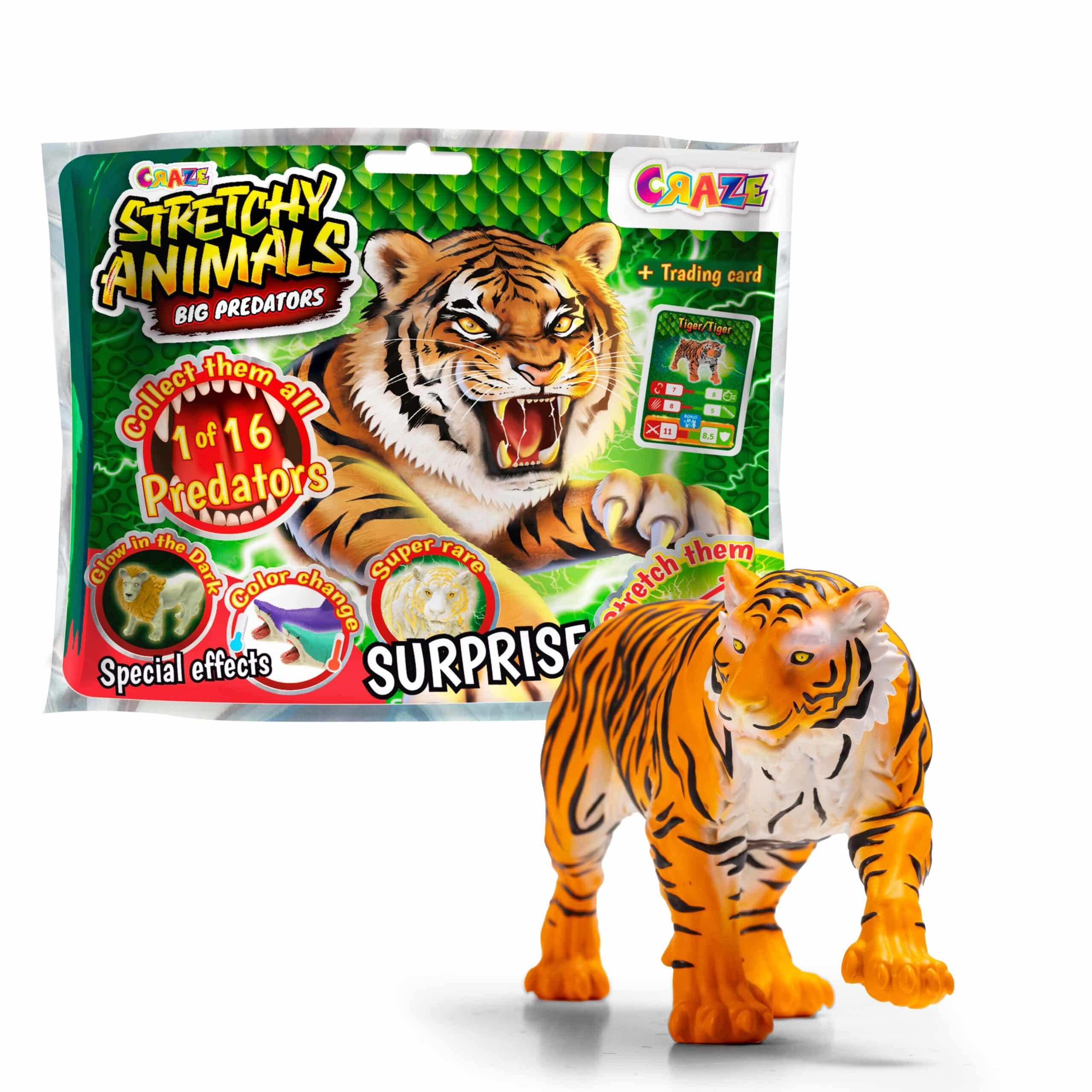 CRAZE Stretchy Animals Big Predators Complete Collectie - 12x Superrekbare dierenfiguren, roofdieren om te verzamelen met elastische huid en speciale vulling