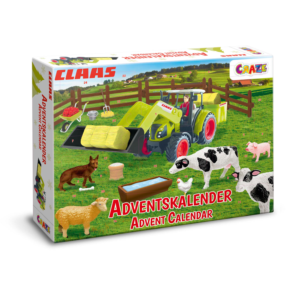 CLAAS Adventskalender – Bauernhof-Spielset mit Traktor & 24 Überraschungen.