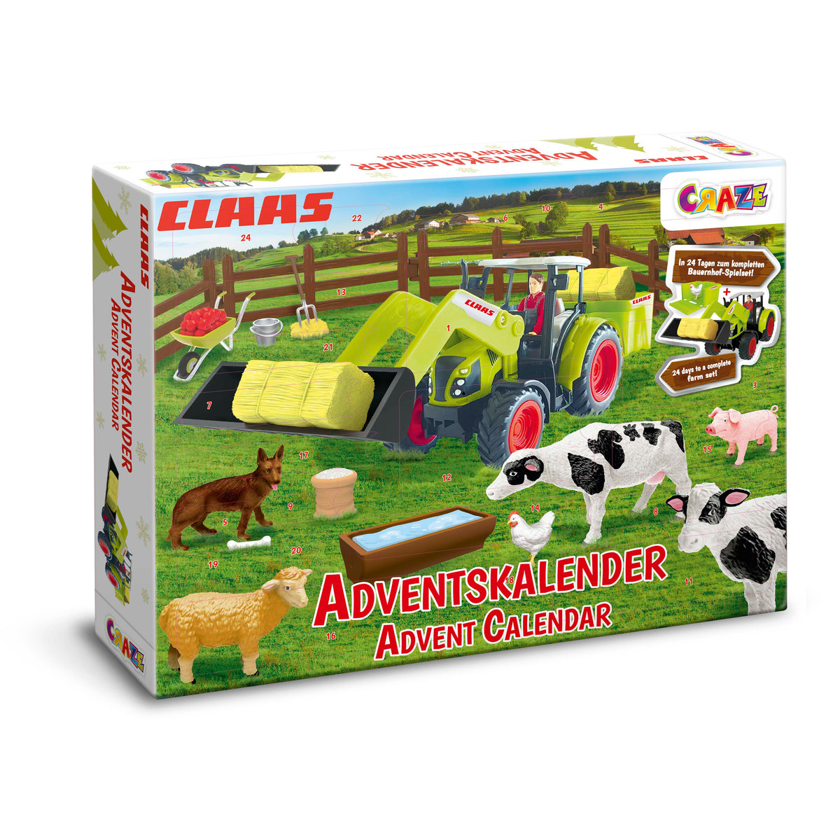 CLAAS Adventskalender – Bauernhof-Spielset mit Traktor & 24 Überraschungen.