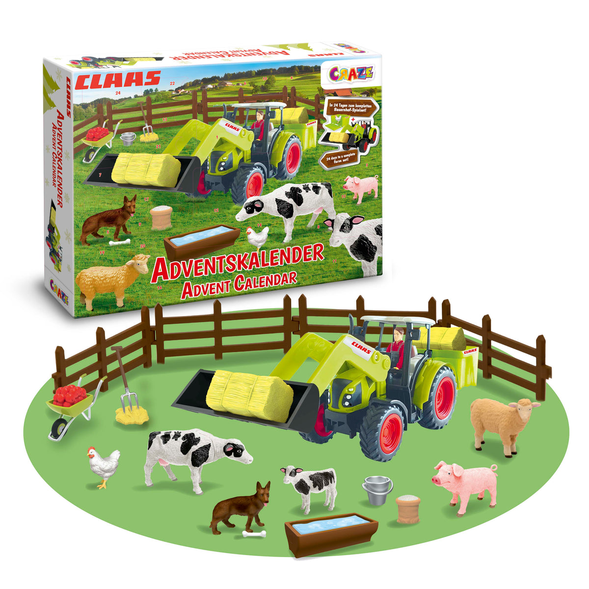 CLAAS Adventskalender – Bauernhof-Spielset mit Traktor & 24 Überraschungen.