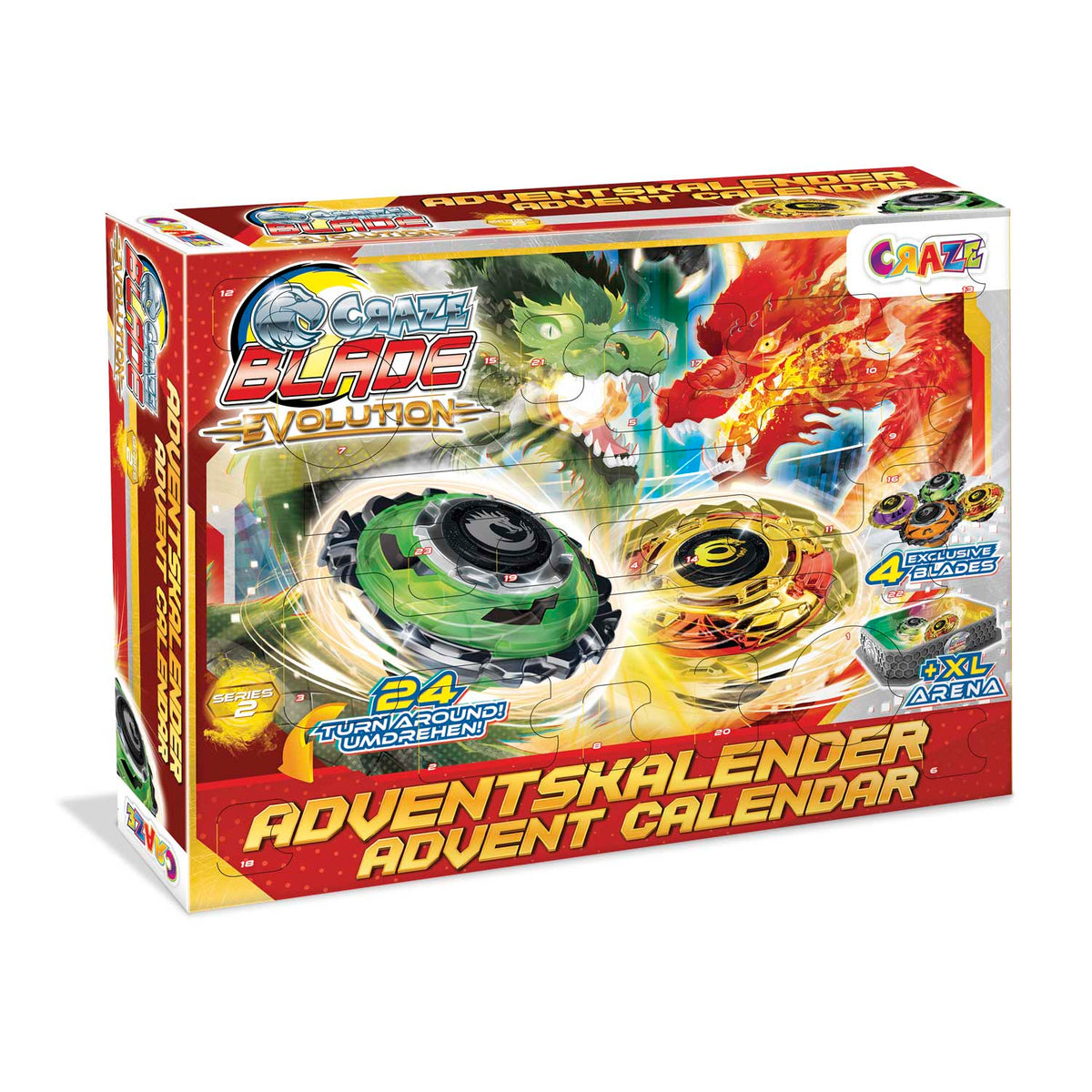 CRAZE BLADE Adventskalender – Kampfkreisel mit XL Battle Arena, 2 Startern & 24 Überraschungen, ab 8 Jahren