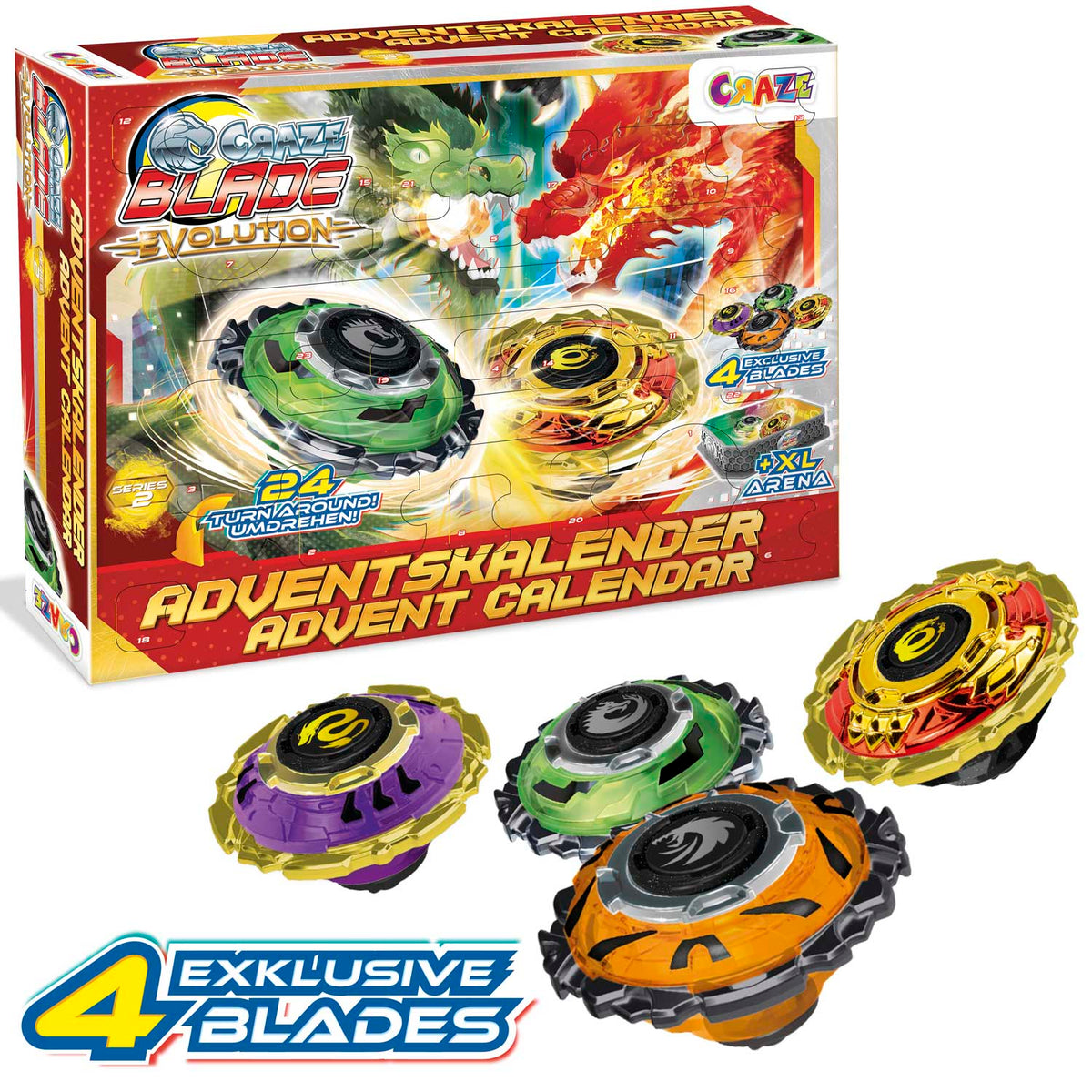 CRAZE BLADE Adventskalender – Kampfkreisel mit XL Battle Arena, 2 Startern & 24 Überraschungen, ab 8 Jahren