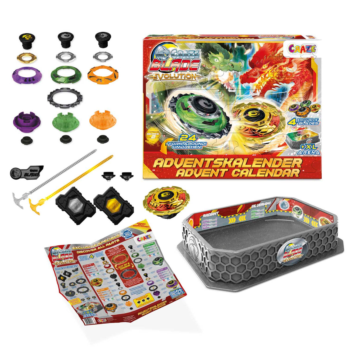 CRAZE BLADE Adventskalender – Kampfkreisel mit XL Battle Arena, 2 Startern & 24 Überraschungen, ab 8 Jahren