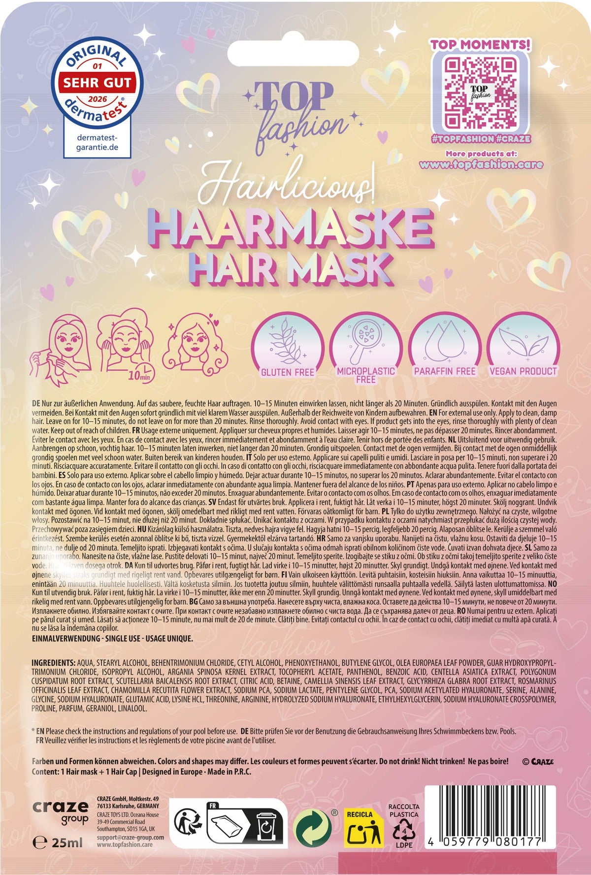 TOP FASHION Hair Mask – Pflegende Haarmaske mit Olivenöl & Arganöl, Vitamin E & Pro-Vitamin B5, 25 ml