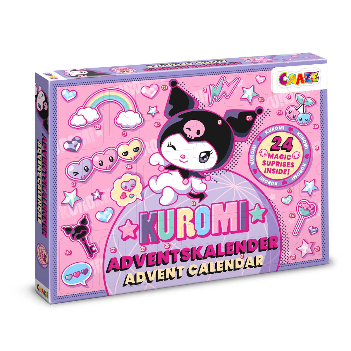 CRAZE Kuromi Adventskalender Kinder – 24 Überraschungen mit 3 Sammelfiguren, Schmuck, Schreibwaren & Magic Slime