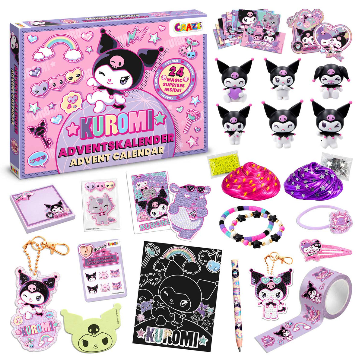 CRAZE Kuromi Adventskalender Kinder – 24 Überraschungen mit 3 Sammelfiguren, Schmuck, Schreibwaren & Magic Slime