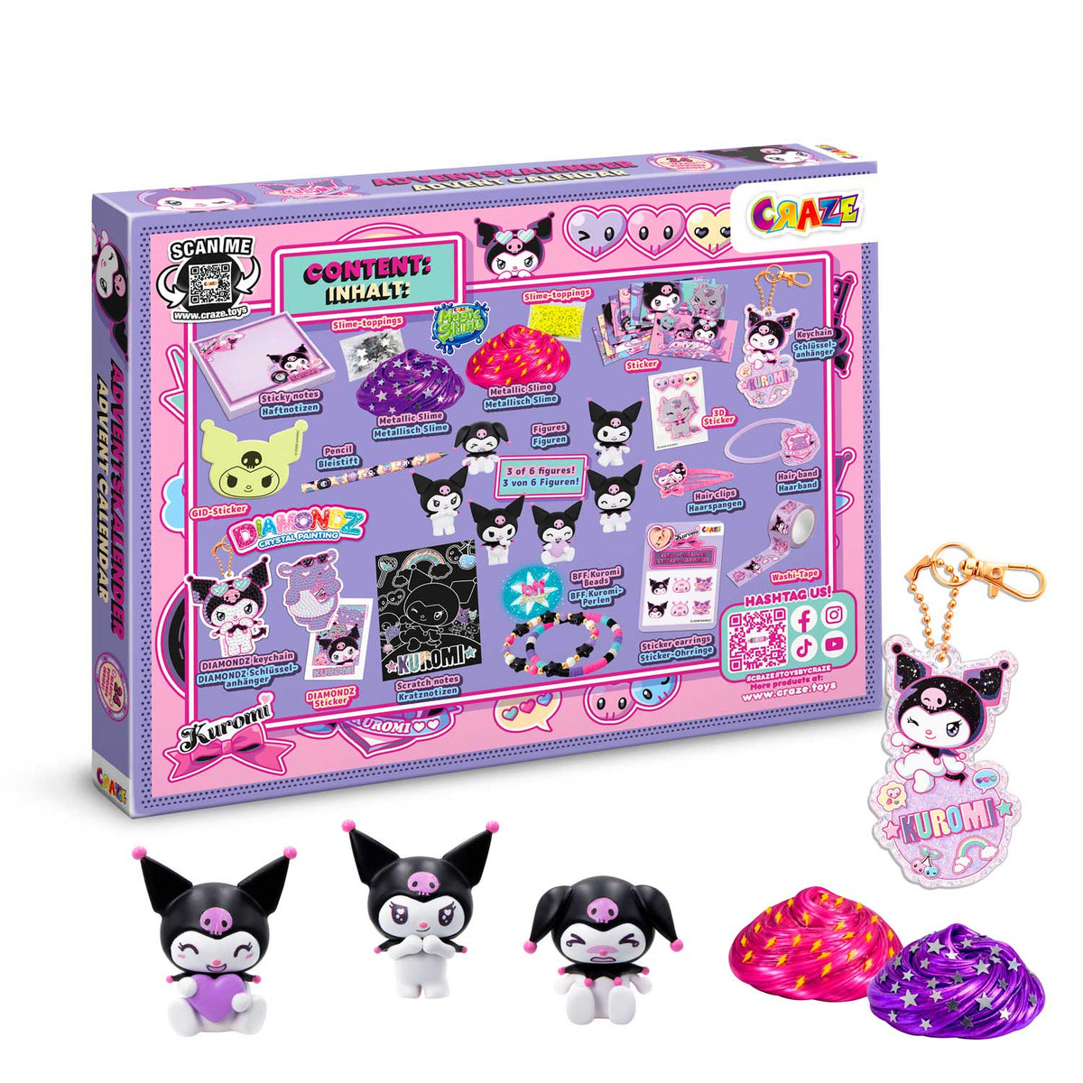 CRAZE Kuromi Adventskalender Kinder – 24 Überraschungen mit 3 Sammelfiguren, Schmuck, Schreibwaren & Magic Slime