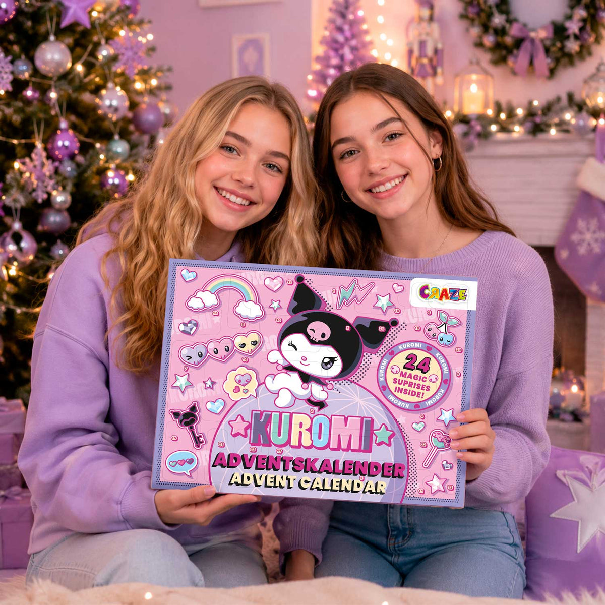 CRAZE Kuromi Adventskalender Kinder – 24 Überraschungen mit 3 Sammelfiguren, Schmuck, Schreibwaren & Magic Slime