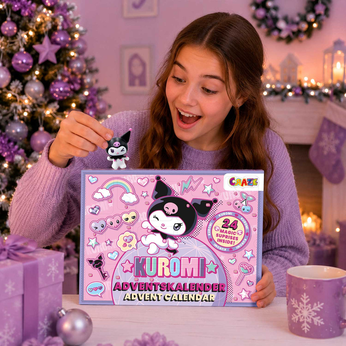 CRAZE Kuromi Adventskalender Kinder – 24 Überraschungen mit 3 Sammelfiguren, Schmuck, Schreibwaren & Magic Slime