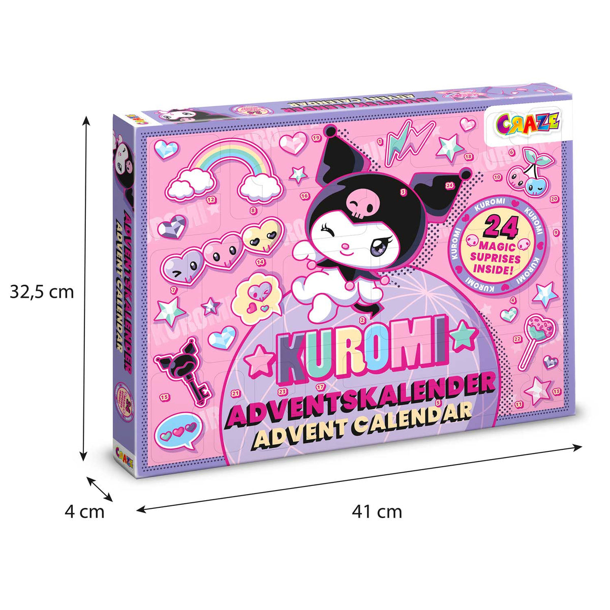 CRAZE Kuromi Adventskalender Kinder – 24 Überraschungen mit 3 Sammelfiguren, Schmuck, Schreibwaren & Magic Slime